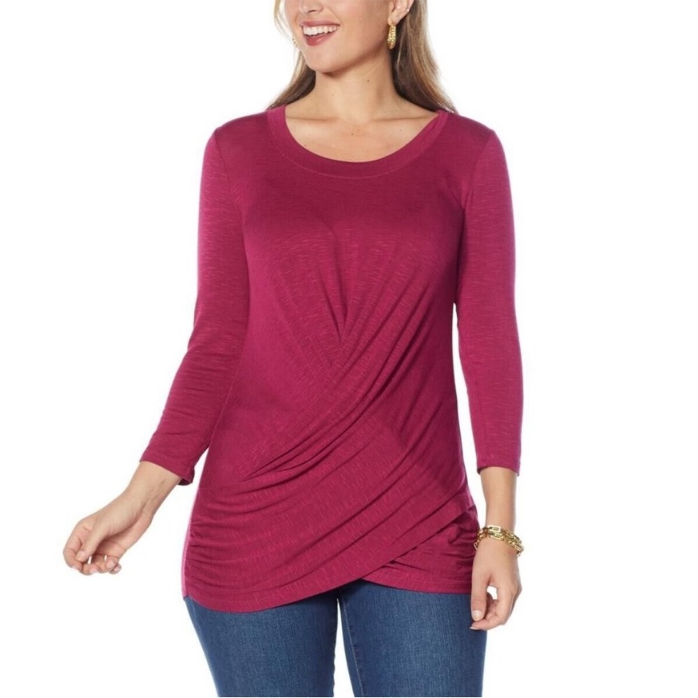 NEW! SkinnyGirl Hannah 3/4 Sleeve Drape Front Top - Raspberry S, M, XL and 3X